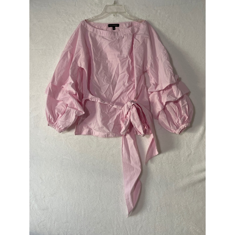 Banana Republic Pink Gingham Ruffle Balloon Sleeve Tie Waist Blouse Small